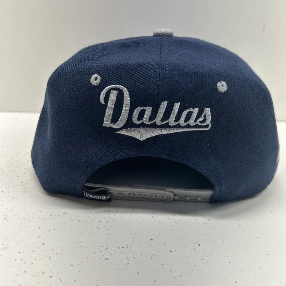 Leader of the Game Dallas Script Snapback Hat Navy Blue Adjustable Embroidered